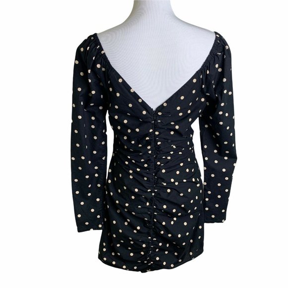Asos Black Polka Dot Print Cotton Ruched Off The Shoulder Mini Dress Womens 10 - Picture 8 of 12